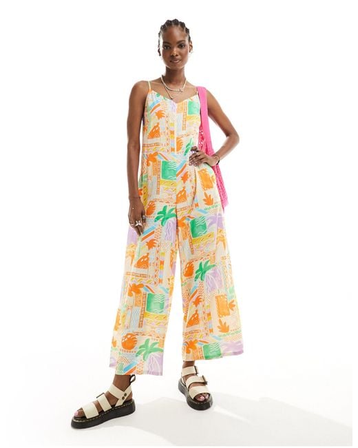 Native Youth White Tropical Print Wide Leg Cami Jumpsuit