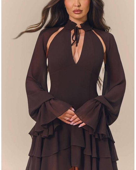 Wanderdoll Black X Emma Milton Fleur Chiffon Tie Neck Ruffle High Low Maxi Dress