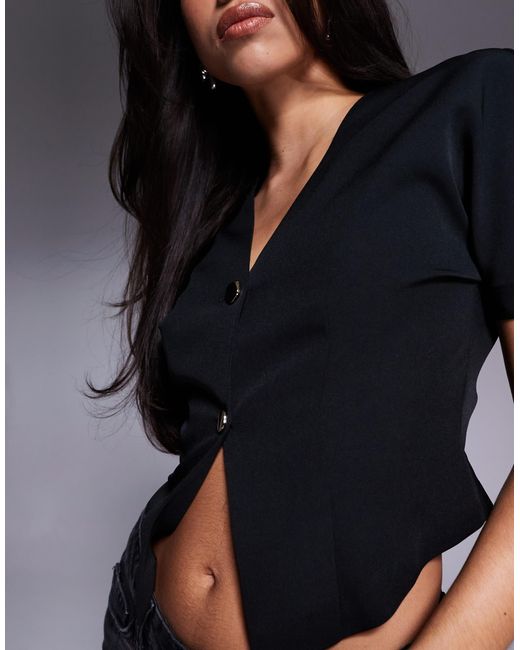 ASOS Black Short Sleeve Structured Button Detail Blouse