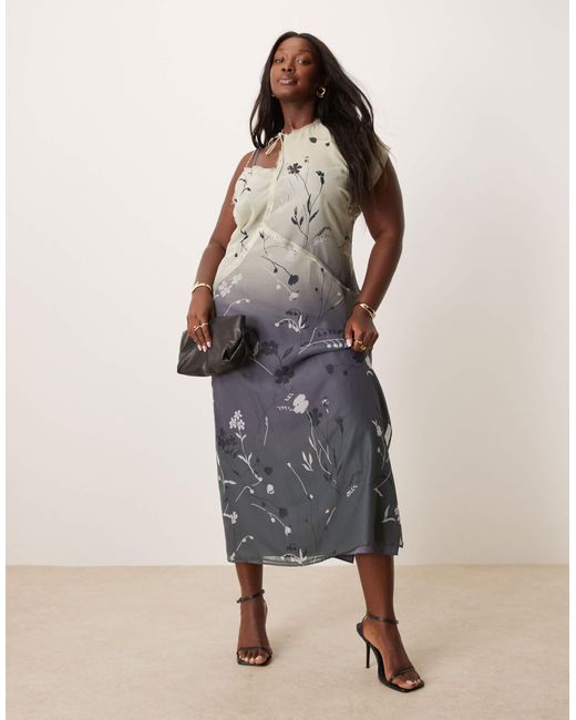 ASOS Brown Asos Design Curve Asymmetric Tie Neck Raw Edge Sheer Midi Dress