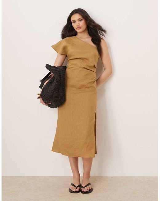 Mango Natural 100% Linen One Shoulder Midi Dress With Ruched Waist