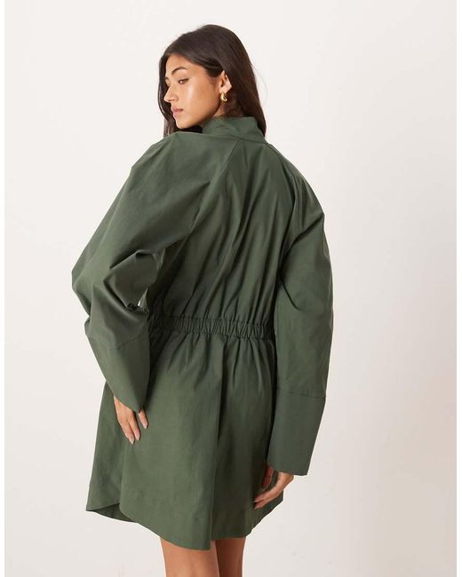 ASOS Green High Neck Shirt Mini Dress With Cinched Waist