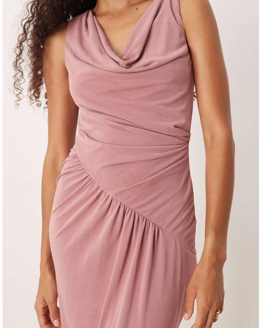 ASOS Asymmetrische Midi-Jurk Met Lage Hals En Rimpels in het Pink
