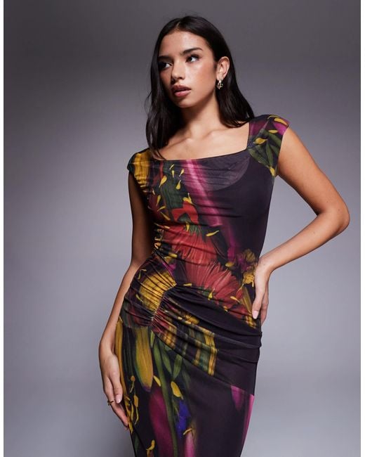 ASOS Blue – netzstoff-midikleid mit dunklem, verschwommenem blumenprint, wasserfallausschnitt und schulterpolstern