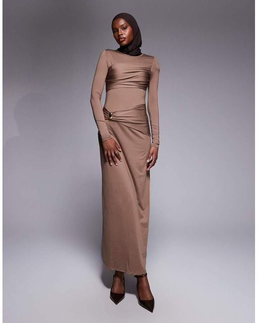 4th & Reckless Natural Slinky Drape Front Metal Detail Ruched Bust Long Sleeve Maxi Dress