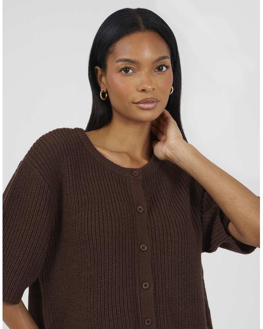 Brave Soul Brown Short Sleeve Crew Neck Fisherman Knit Cardigan