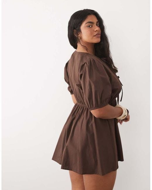 Esmee Curve Brown Tie Front Puff Sleeve Mini Beach Dress