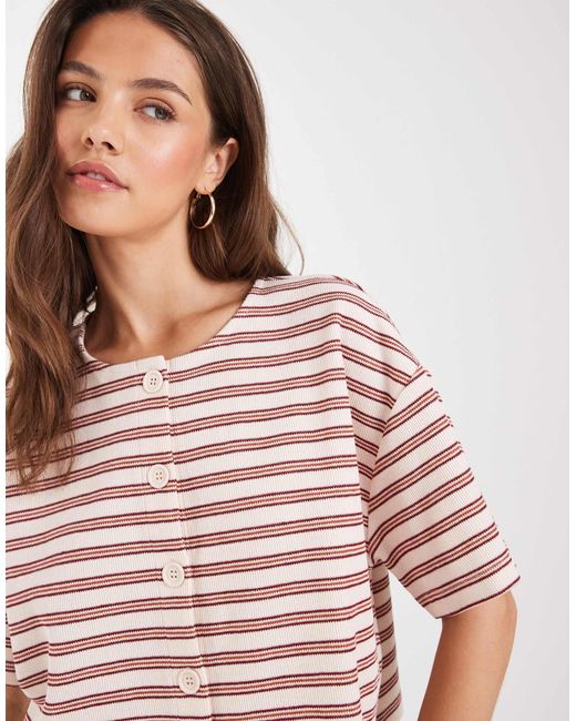 Miss Selfridge White – kurzärmlige, gerippte strickjacke mit knopfleiste und streifen