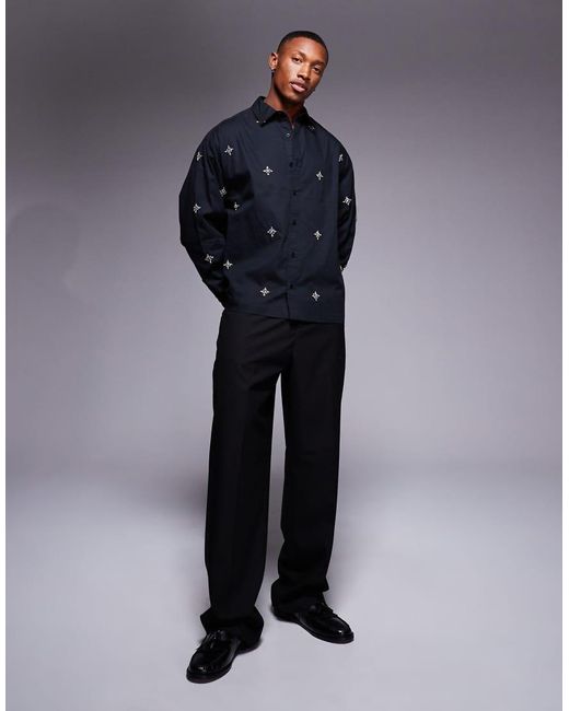 ASOS Oversized Recht Overhemd Met Versiering in het Blue voor heren