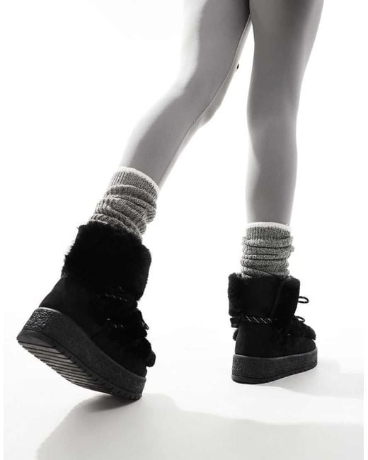 South Beach Black Faux Fur Lace Up Snow Boots