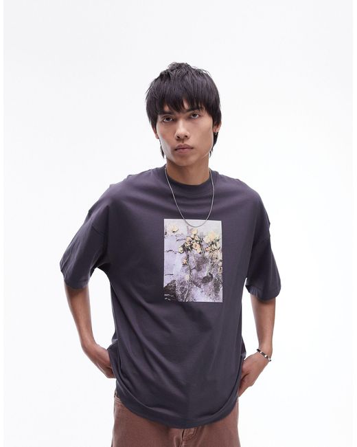 Topman Blue Premium Extreme Oversized Fit T-shirt With Frozen Floral Print for men