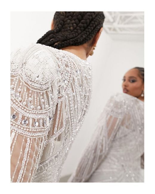 ASOS Natural Asos Design Curve Millie Long Sleeve Vintage Artwork Sequin And Bead Maxi Wedding Dress