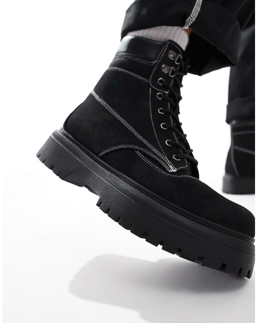 ASOS – schwarze arbeiter-schnürstiefel mit dicker sohle in Black für Herren
