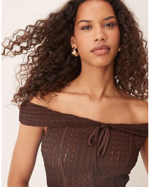 ASOS Brown Texture Off The Shoulder Short Sleeve Top With Tie Detail