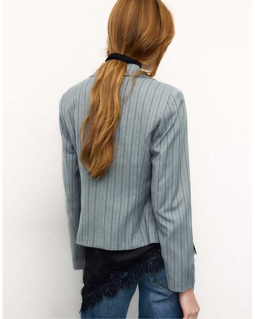 Stradivarius Blue Striped Cropped Blazer