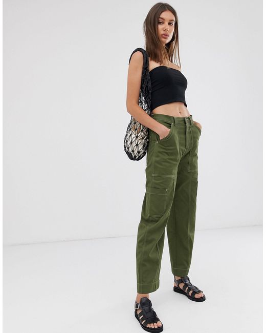 Weekday Green Contrast Stitch Cargo Trousers