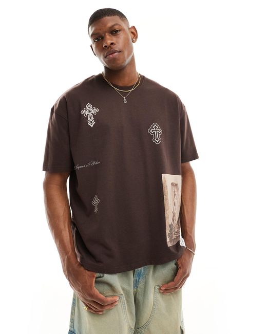 Liquor N Poker Brown Oversized T-shirt With Cross Placement Print for men