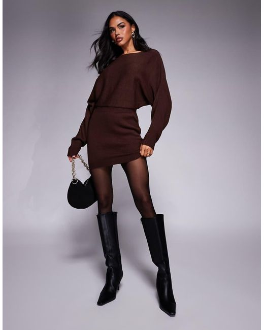 Princess Polly Brown Bellamie Balloon Sleeve Foldover Waist Detail Jumper Dress