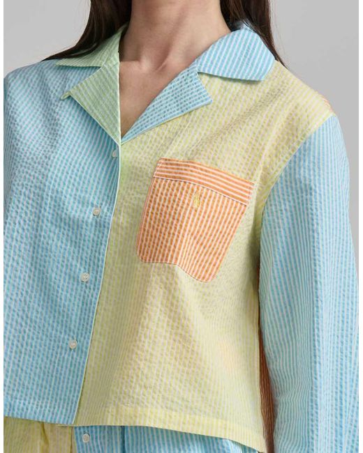 Polo Ralph Lauren Blue Seersucker Long Sleeve Crop Top And Short Sleep Set
