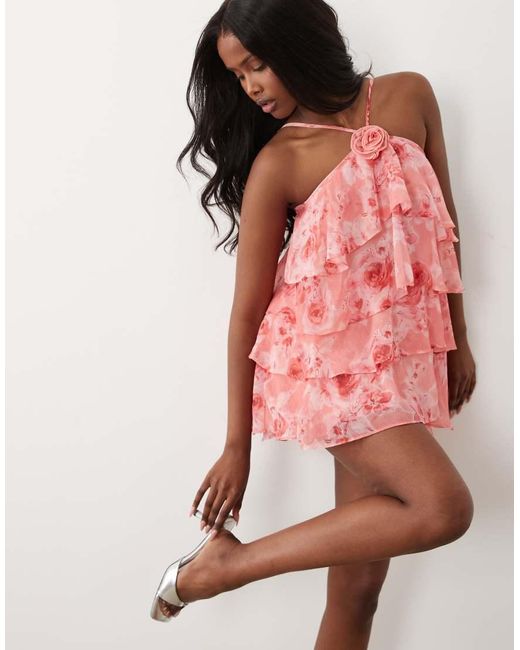 New Look Pink Tiered Floral Halterneck Mini Dress