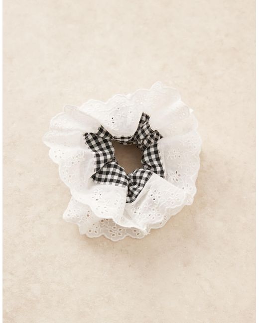 ASOS Natural Scrunchie With Gingham And Broderie Frill Detail