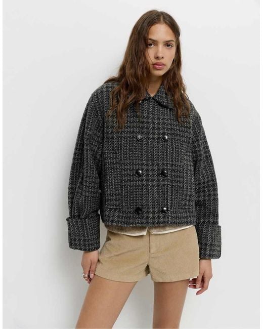 Pull&Bear Gray Short Checked Felt Coat