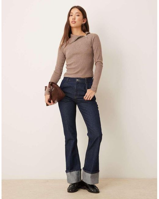 ASOS Blue Supersoft Brushed Rib Long Sleeve Top With Zip Detail
