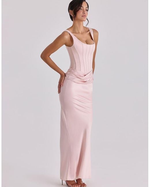 House Of Cb Pink Kira Blush Satin Gathered Maxi Dress