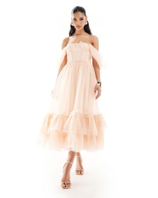LACE & BEADS Natural Corset Tulle Midaxi Dress