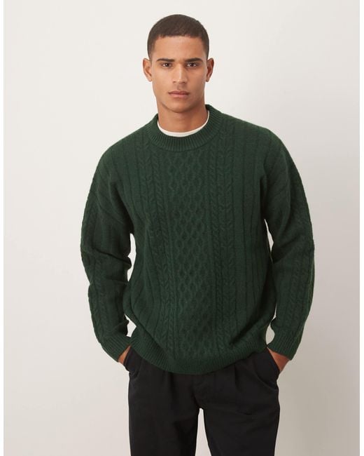 ASOS Men's Green Oversized Cable Knit Crew Neck Sweater