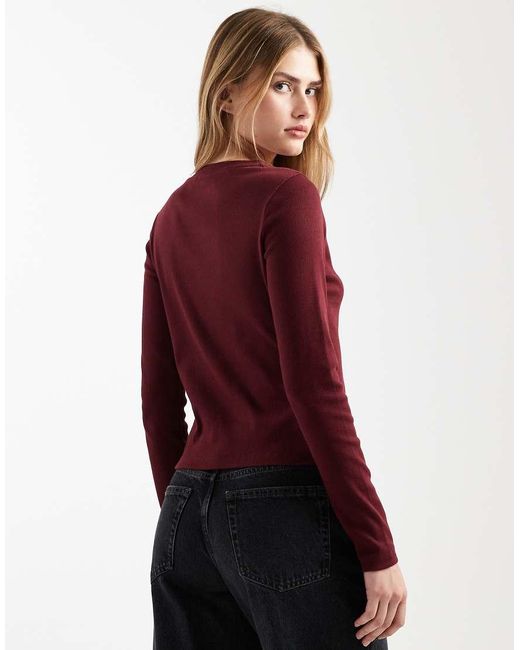 ASOS Red Cotton Rib Crew Neck Button Through Top