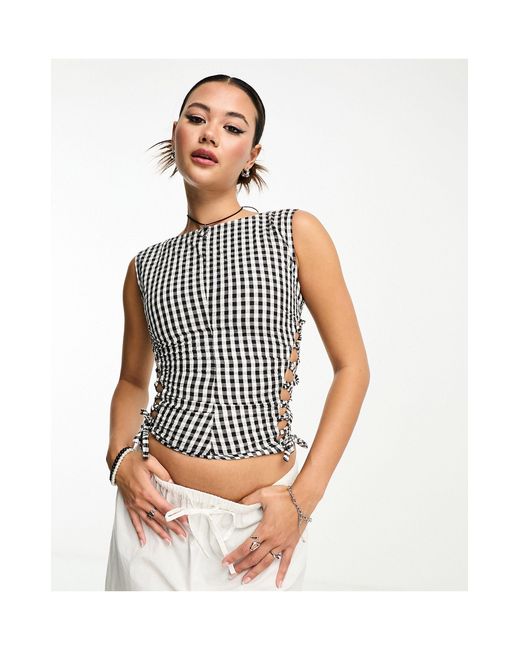 Collusion White Gingham Slash Neck Top With Tie Detail