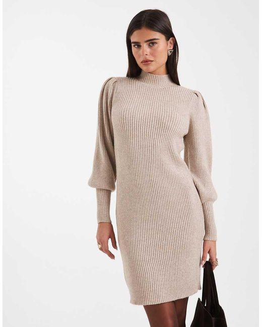 Vestido Estilo Jersey Con Mangas Abullonadas Y Cuello Alto De - Neutro ONLY de color Natural