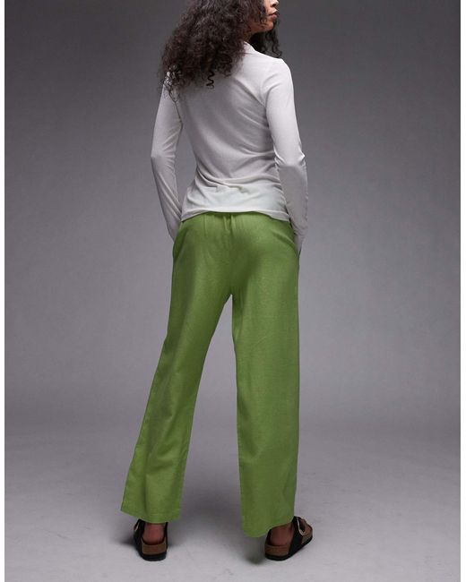 TOPSHOP Green Mid Rise Linen Awkward Length Trouser