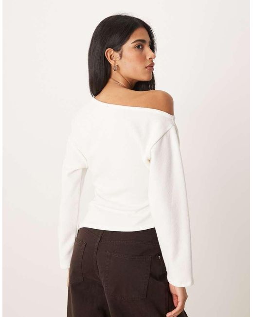 ASOS White Supersoft Touch Off Shoulder Corset Waist Long Sleeve Top