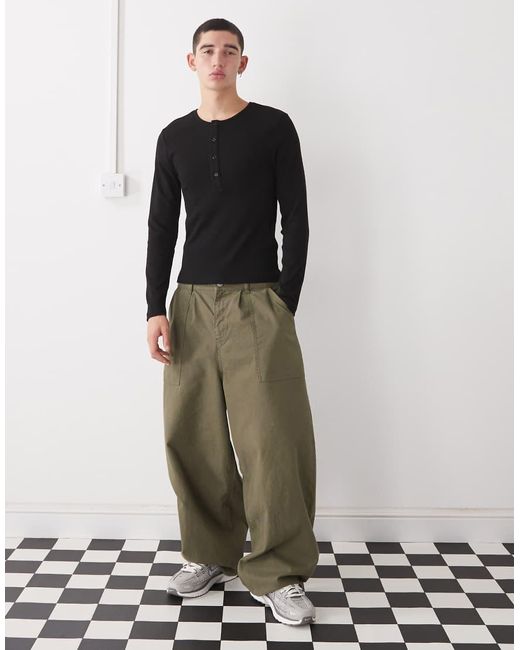 Collusion Slim-Fit Geribbeld Henley T-Shirt Met Lange Mouwen in het Black voor heren