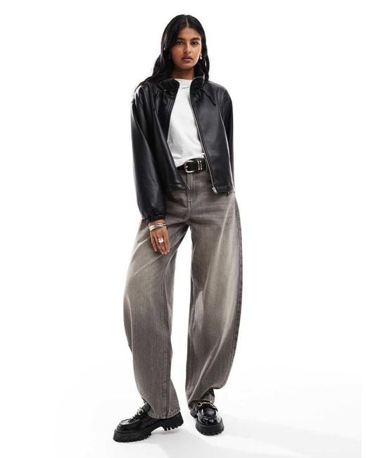 ASOS Black Leather Look Ruched Funnel Neck Bomber Jacket