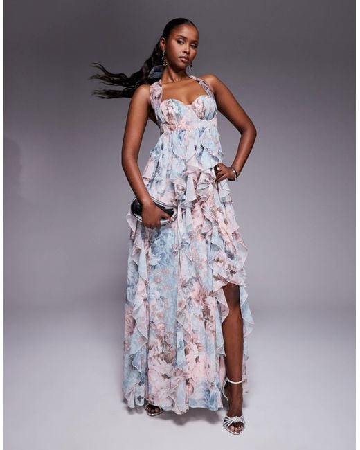 ASOS Green Halter Maxi Dress With Waterfall Ruffles