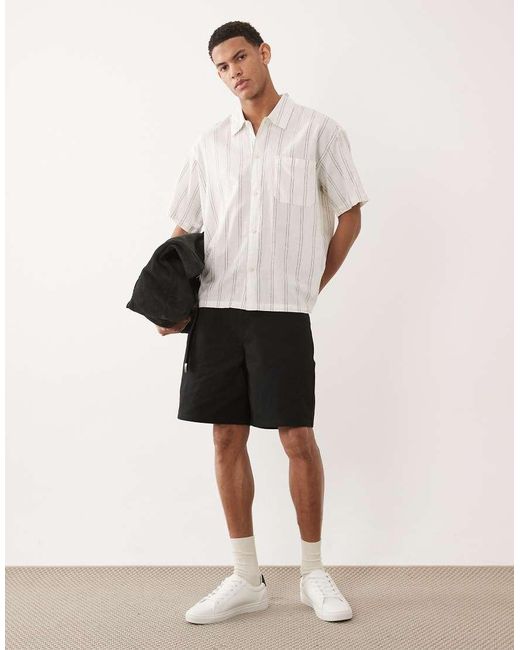 Jack & Jones White Linen Blend Cropped Short Sleeve Stripe Shirt for men