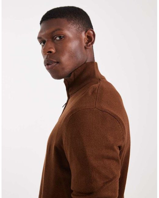 Threadbare Brown 1/4 Zip Jumper for men