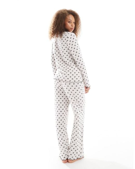 Loungeable White Super Soft Ribbed Bow Print Pajama Set