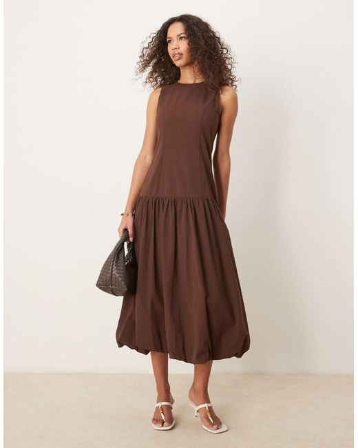 Ghospell Brown Drop Hem Midi Dress