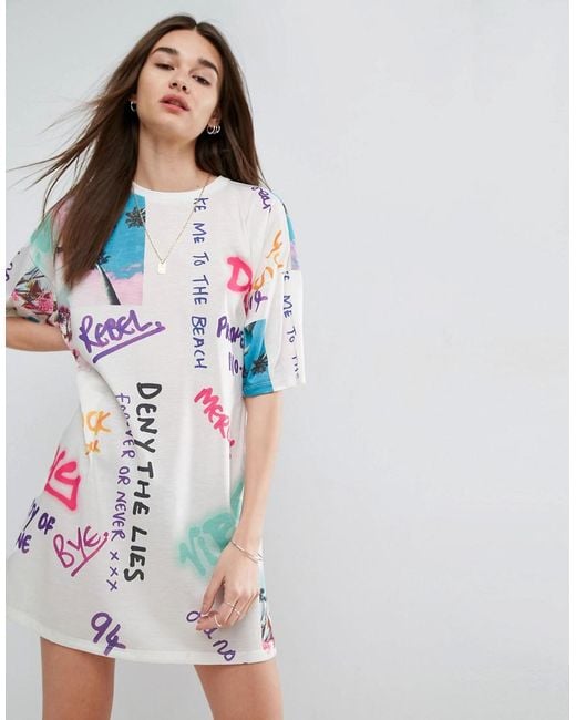 ASOS Blue Graffiti Print T-shirt Dress