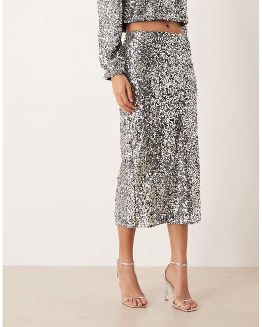 Vila Natural Sequin Midi Skirt Co-Ord