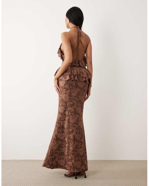 ASOS Brown Devore Halter Maxi Dress With Frill Neckline
