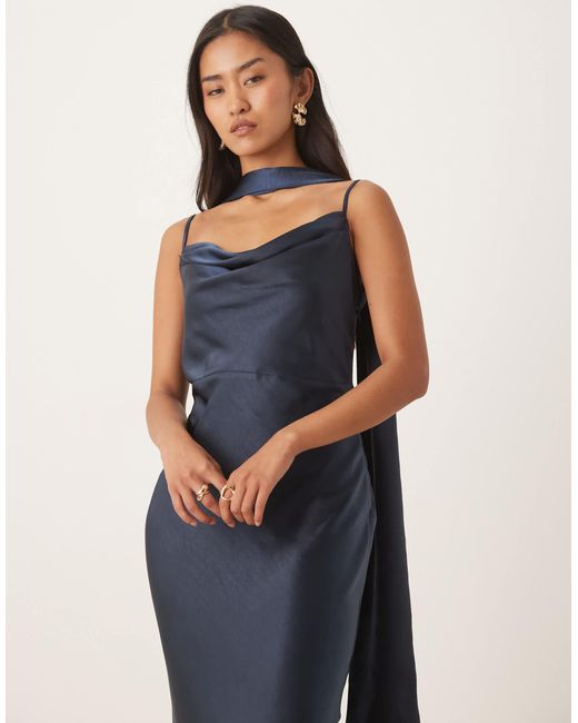 Pretty Lavish Blue Bridesmaid Keisha Satin Cowl Neck Maxi Dress With Scarf