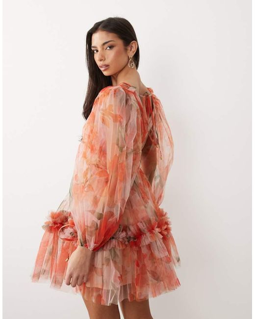 LACE & BEADS Orange Organza V-neck Balloon Sleeve Mini Dress
