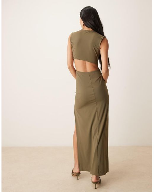 Bardot Natural Felix Slinky Sleeveless Gold Hardware Cutout Detail Thigh Split Maxi Dress