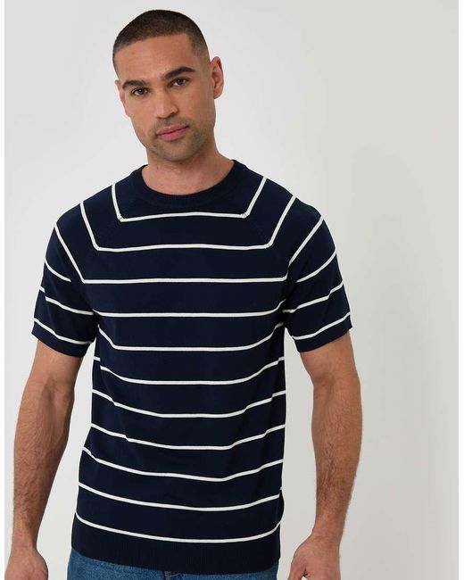Threadbare Blue Textured Stripe Knitted T-Shirt for men