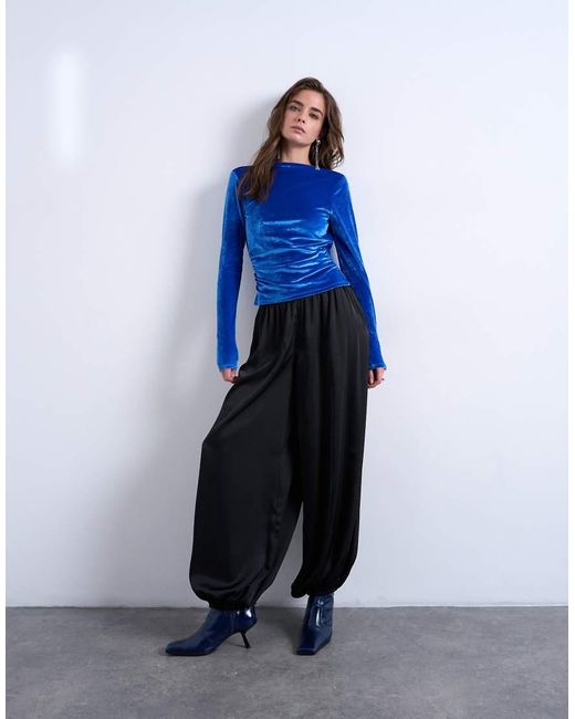 TOPSHOP Blue Velvet Cowl Back Long Sleeve Top